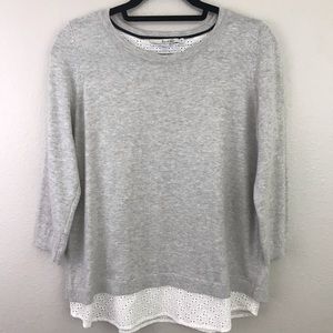 Boden Light Gray Layered Scoop Neck Sweater with White Eyelet Hem